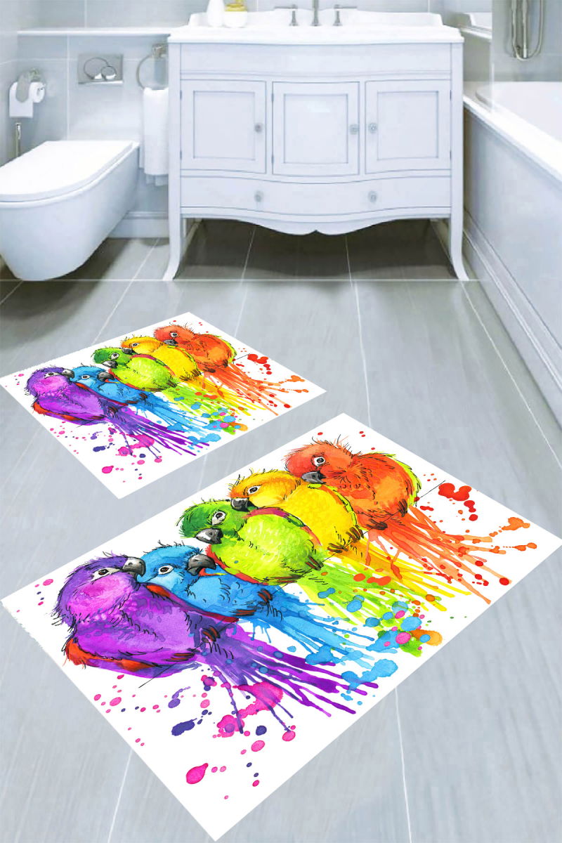 Sulu Boya Efektli Papağan Desenli 2li Banyo Paspası (50x60 cm 60x100 cm)